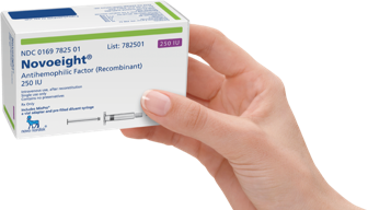 Hand holding a box of the Novoeight® medication